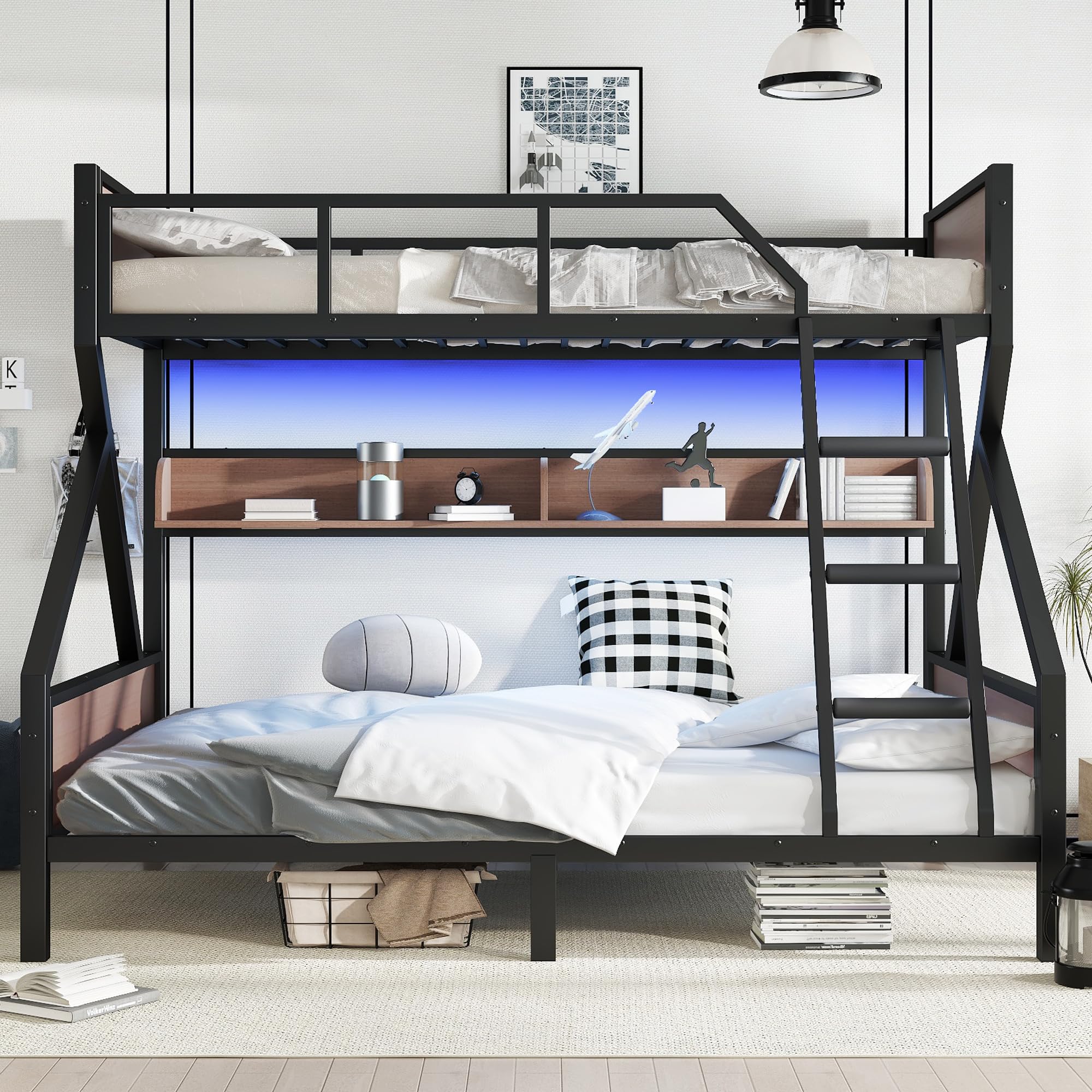 Photo 1 of Twin XL Over Queen Size Bunk Bed with Storage Shelves and LED Lights,Heavy Duty Adult Bunk Beds with Angled Ladder,Metal Queen Bunk Bed,Black