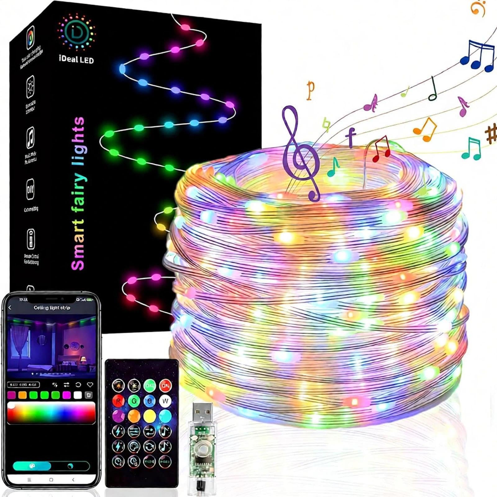 10M 100LED Smart Fairy Lights,String Light for Bedroom,Garden,RGB Color Changing USB Rope Lights APP Control,IP67 Waterproof,Timer,DIY Colors,Music Sync&Camera Color for Party,Wedding,Stair Decor