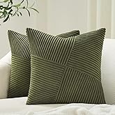 Topfinel 26x26 inches Euro Pillow Shams Set of 2 Olive Green Corduroy Decorative Throw Pillow Covers for Bedroom Living Room, Windmill Textured Striped Patchwork Couch Pillow Covers 65x65 cm