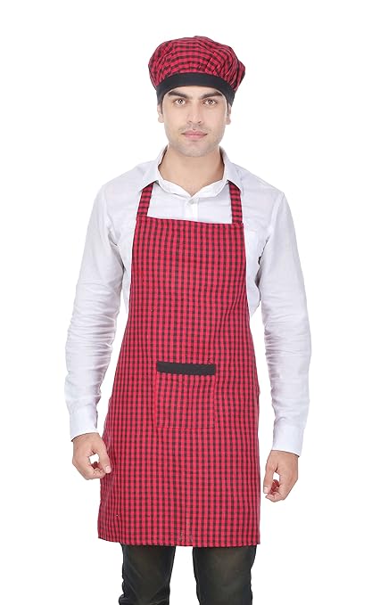 Switchon Red And Black Chefs Apron With Cap For Home Hotel And Restaurants