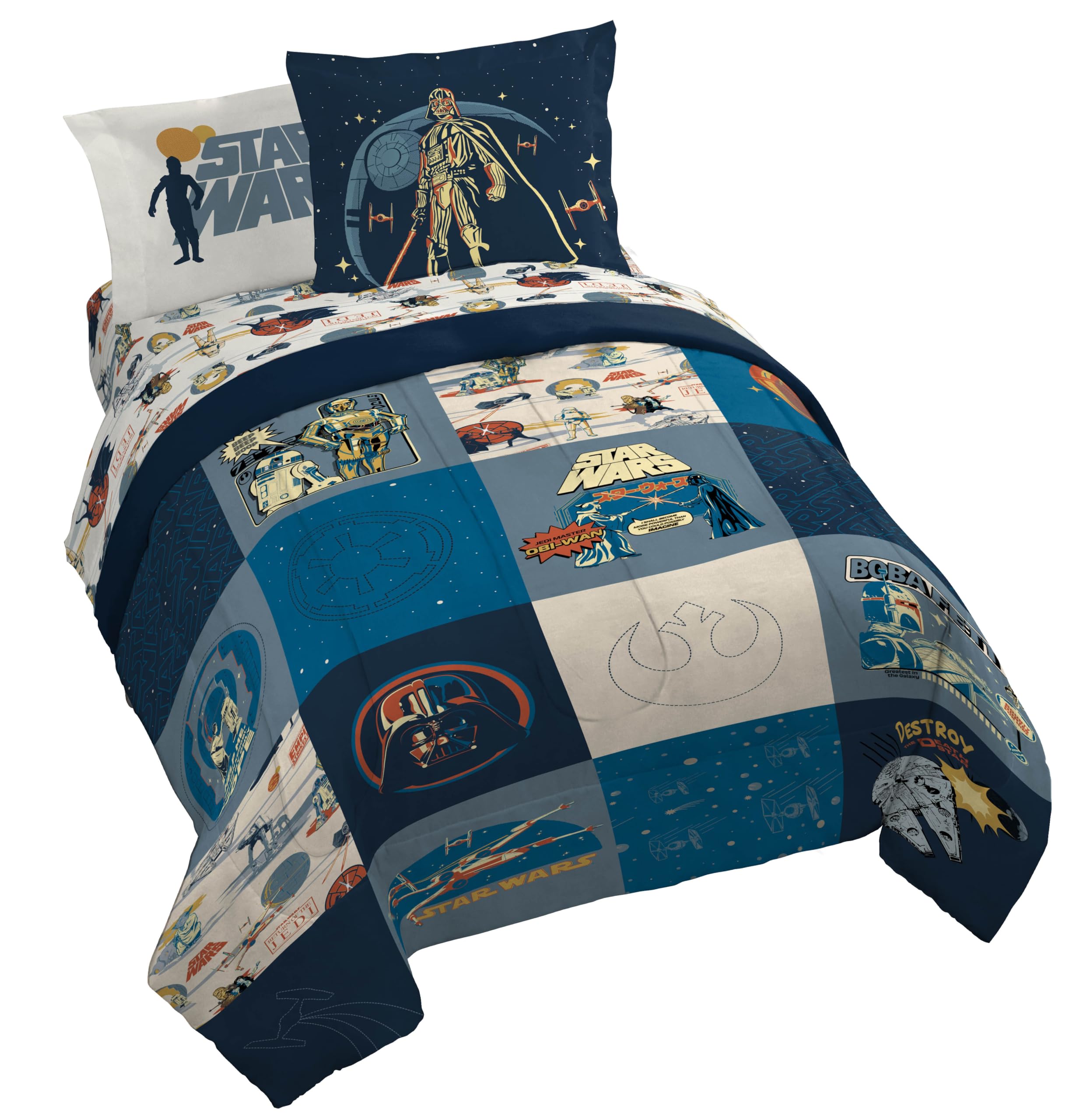 Jay Franco Kids Comforter Set Includes Sheets and Pillow Covers - Soft and Cozy Bed Set for Stylish Room Decor, Blue - Star Wars 01, 7 Piece Queen Bedding Image