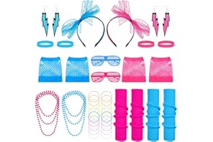 Provone 32Pcs 80s Costume Accessories Set for Women, 80s Fancy Dress Accessories Neon Lace Bow Headband Leg Warmers Fishnet