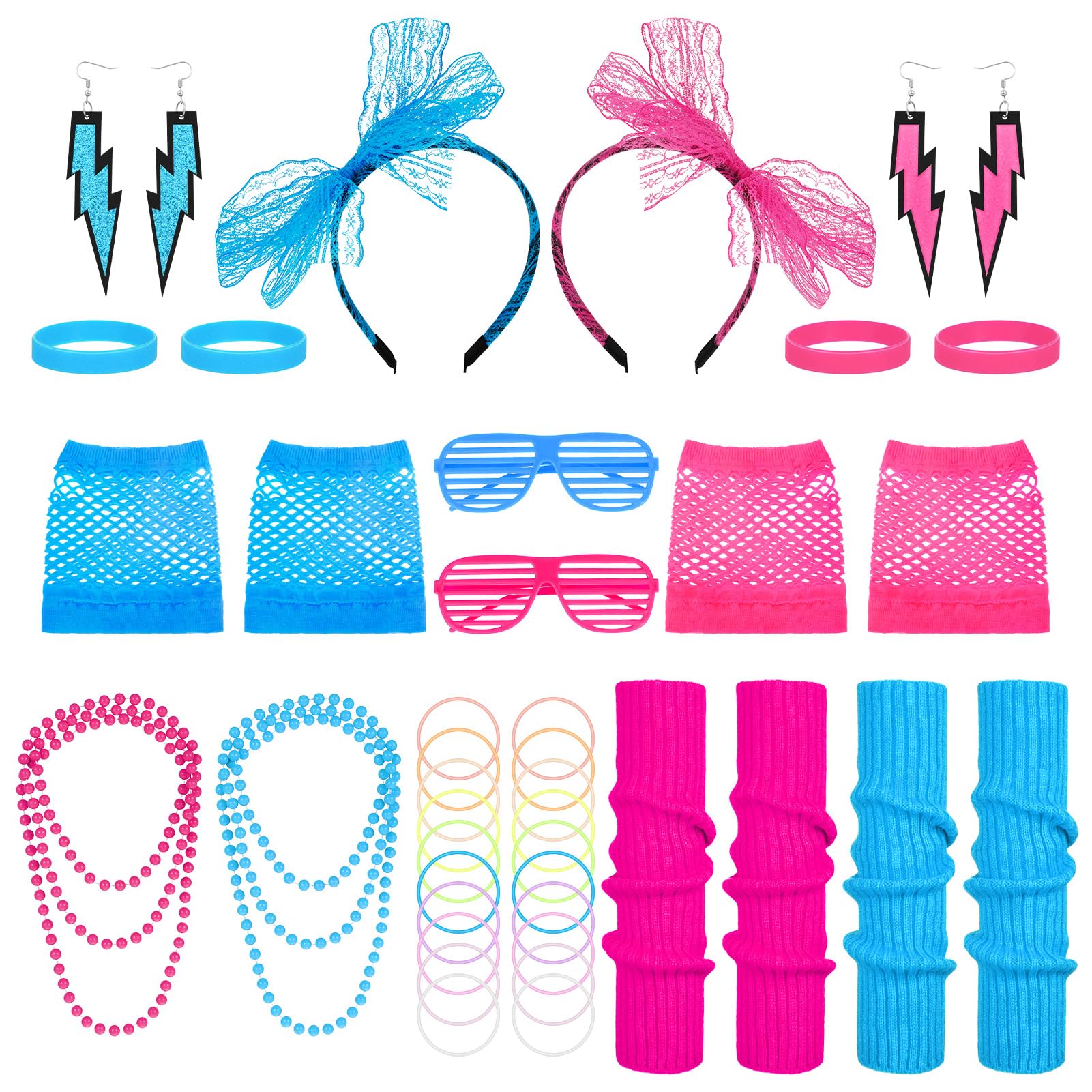 FRIUSATE 42 Pcs 80s Fancy Dress for Women, 80s Accessories with Leg Warmers Lace Bow Headband Necklaces Bracelet Fishnet Gloves, Neon Accessories for Women & Kids Retro Parties
