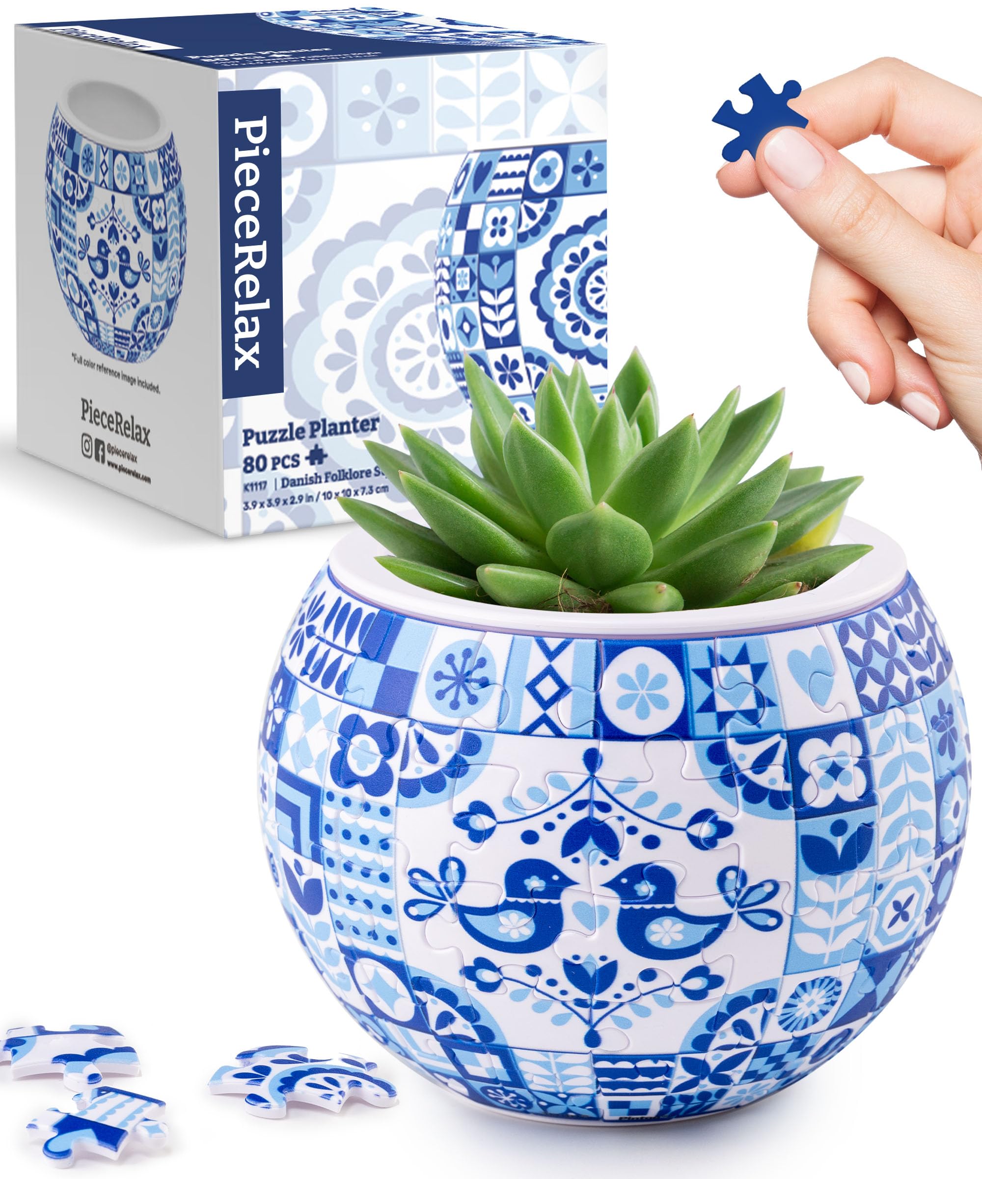 PieceRelax 3D Puzzle Planter - Danish Folklore Style - Small Round Plant Pots with Drainage, Home Decor Flower Pots for Indoor Cactus, Succulents Pots [K1117] — image 1