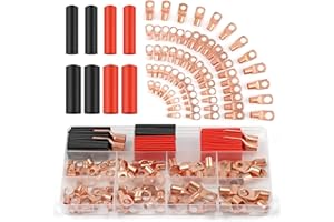 PEASUG Copper Wire Lugs 130Pcs, AWG 2 4 6 8 10 12 Gauge Battery Cable Ends with 66Pcs Heat Shrink Tubing Set, 64Pcs Ring Terminals Connectors Assortment Kit for Marine, Automotive, Cables, Appliances