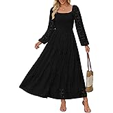 Women's Fall Long Puff Sleeve Maxi Dress Smocked Square Neck Lace Hollow Out Eyelet A Line Boho Flowy Wedding Guest Dresses