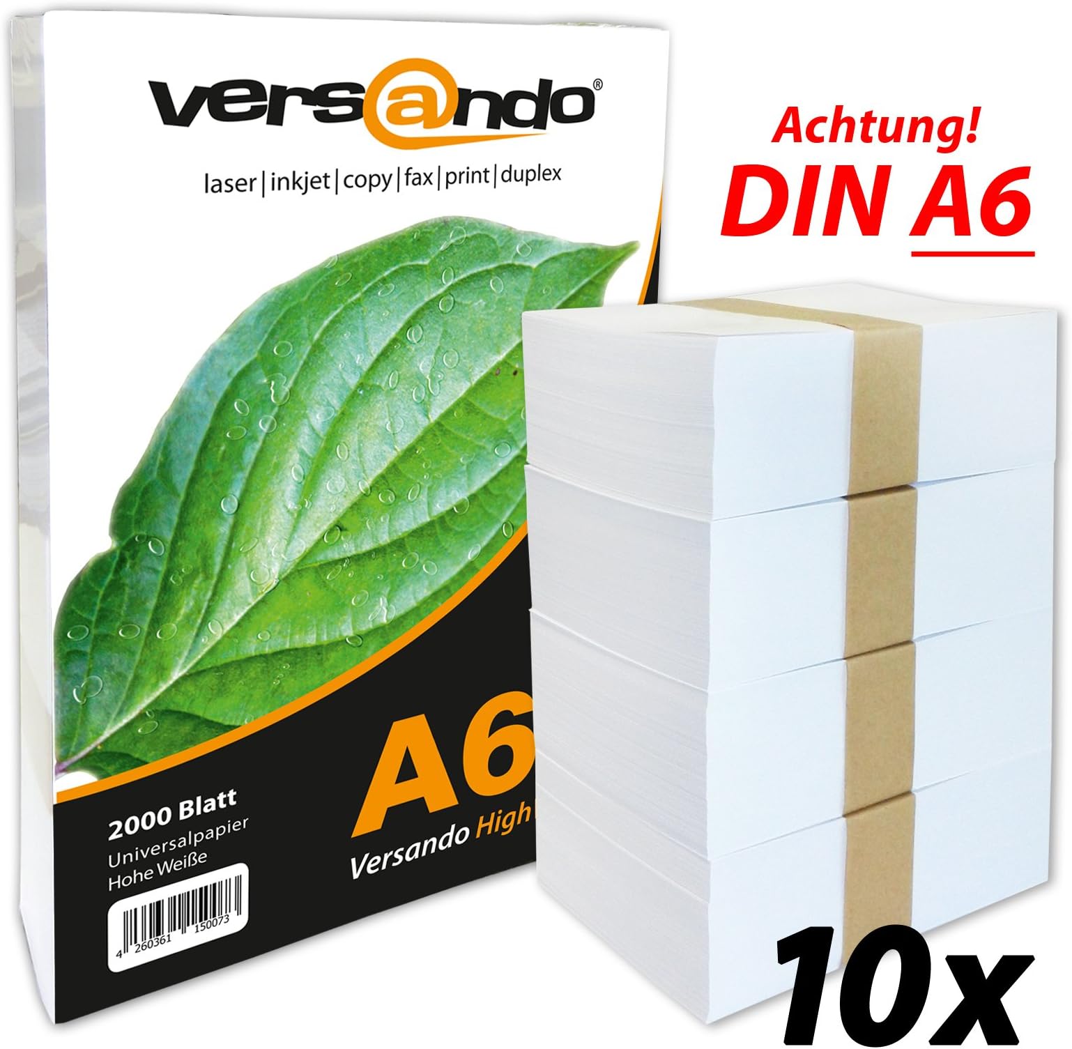 Eco Print and Paper Brand Versando® 80 Environmental Certificate Universal Paper for Photocopiers and Printers Fax Inkjet Printer and Writing Paper Notepaper Memo Paper 80 g/m², DIN A6 (105x148mm) hochweiß, h) 20.000 Blatt