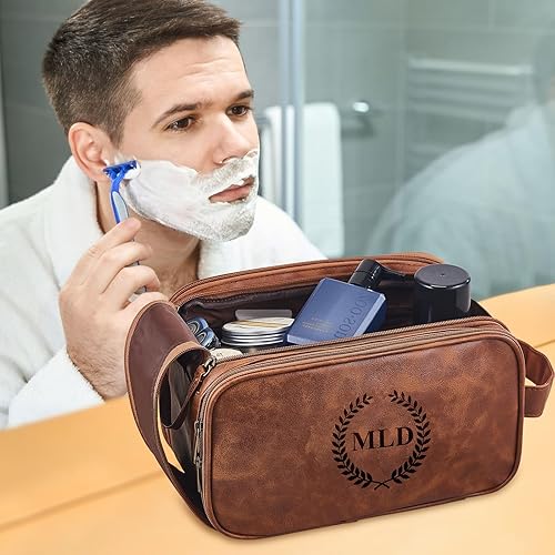 Personalized Leather Toiletry Bag for Men, Large Travel Shaving