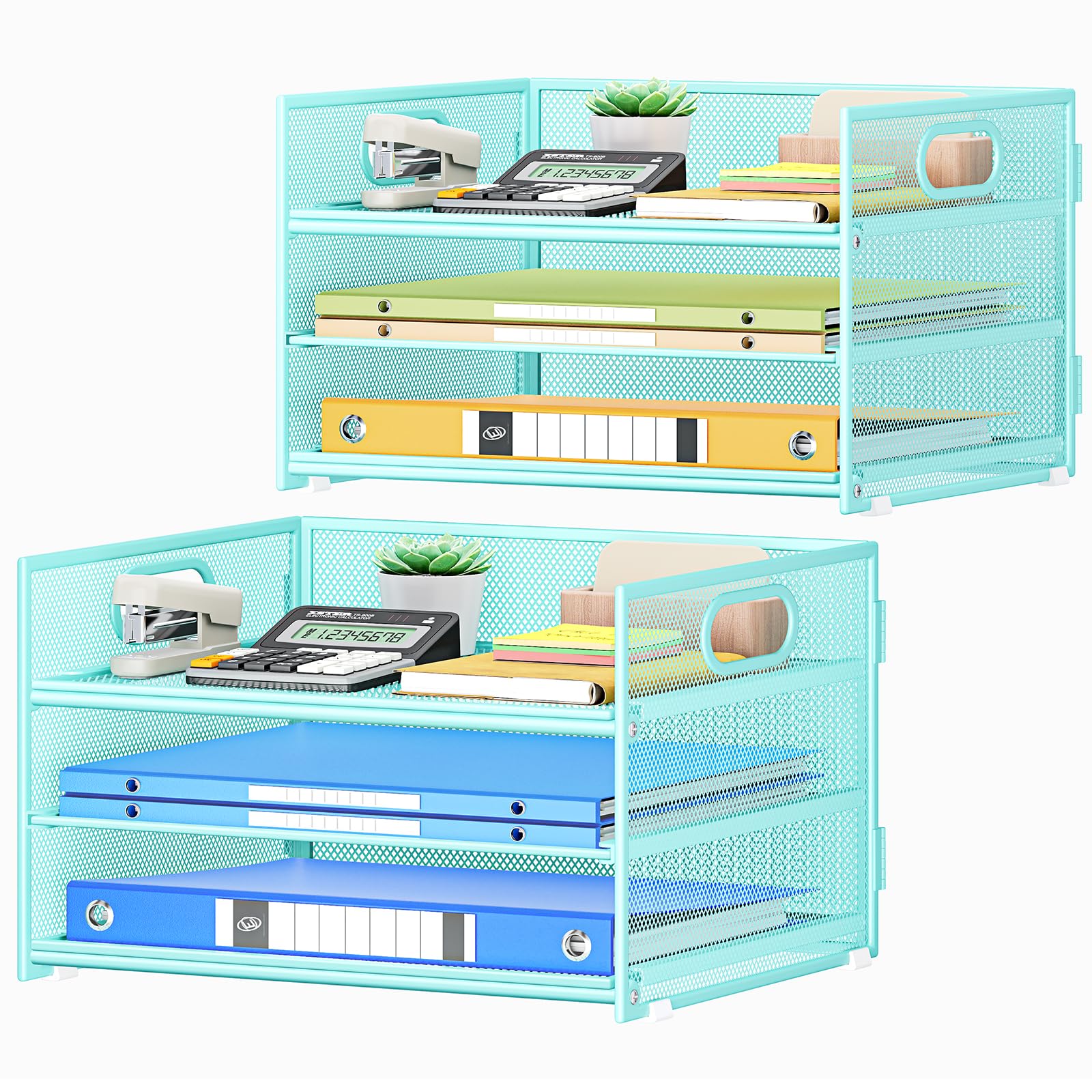 Subekyu 2-Pack 3-Tier Blue Metal Mesh Desk Paper Letter Tray & File Sorter Organizer with Handle + 1 Sliding Tray for Desk, Home, Office, School Supplies, A4 Paper and Accessories Storage Image
