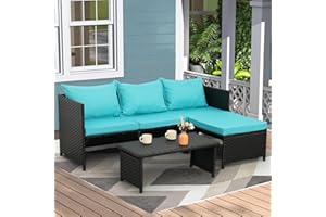 Valita 3-Piece Outdoor PE Rattan Furniture Set Patio Black Wicker Conversation Loveseat Sofa Sectional Couch Turquoise Cushion