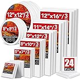 24 Pack Canvases for Painting with 4"x4", 5"x7", 8"x10", 9"x12", 11"x14", 12"x16", Round Canvas with 12"x12", 8"x8", Painting Canvas for Oil & Acrylic Paint.