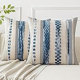 Woaboy Boho Throw Pillow Covers Set of 2 18x18 Inch Sky Coastal Blue Farmhouse Decorative Cushion Cases Multicolor Striped Chenille Pillow Covers Accent Pillowcase for Sofa Couch Bed