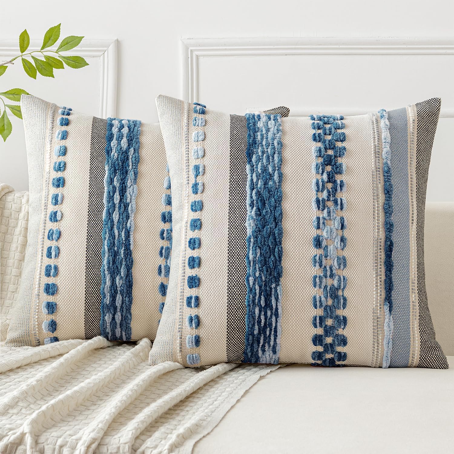 Photo 1 of Woaboy Boho Throw Pillow Covers Set of 2 18x18 Inch Sky Coastal Blue Farmhouse Decorative Cushion Cases Multicolor Striped Chenille Pillow Covers Accent Pillowcase for Sofa Couch Bed