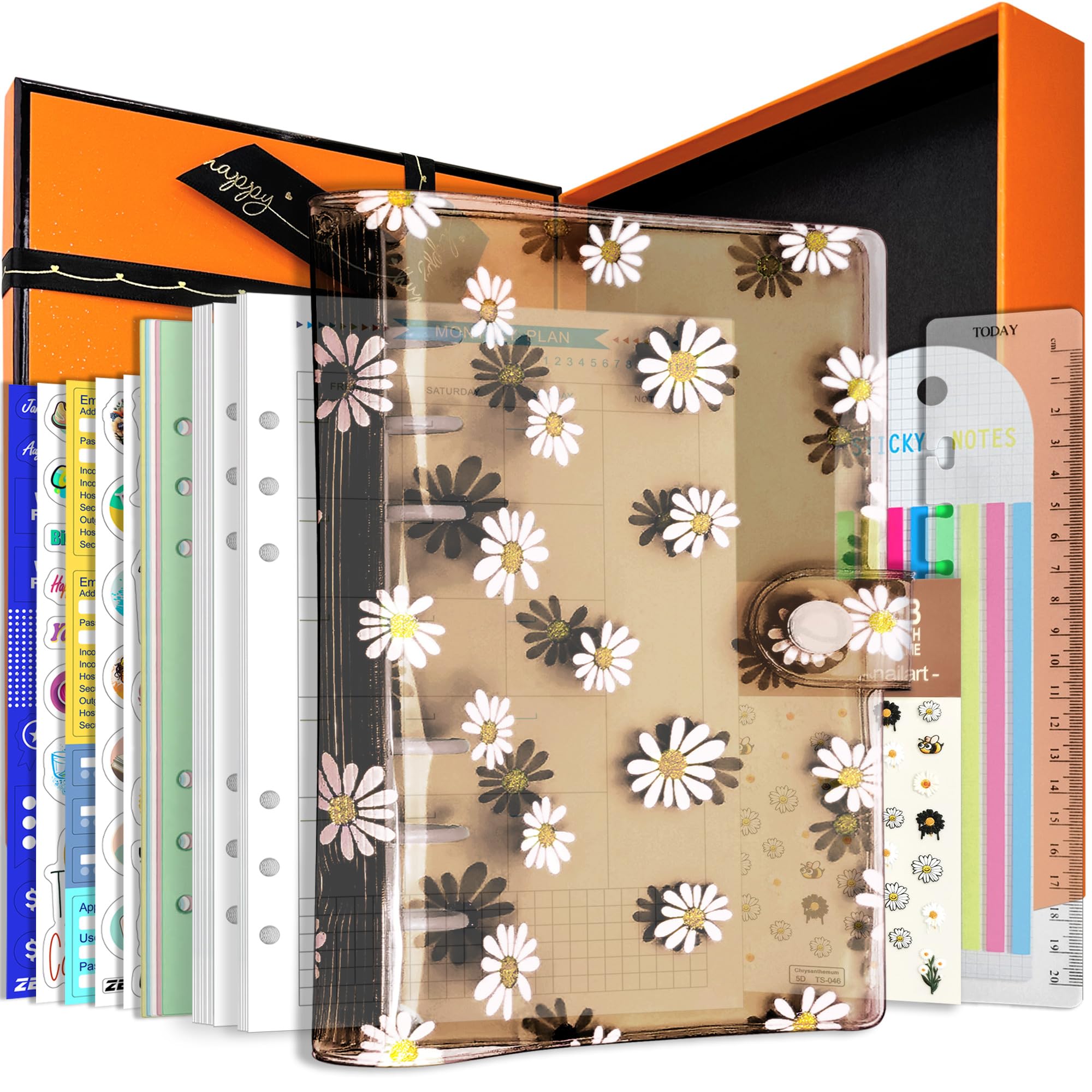 A6 A5 6-Holes Colorful PVC Cover Round Ring View Binder with Snap Button Closure File Folder (Black Daisy, A5 Gift Box)