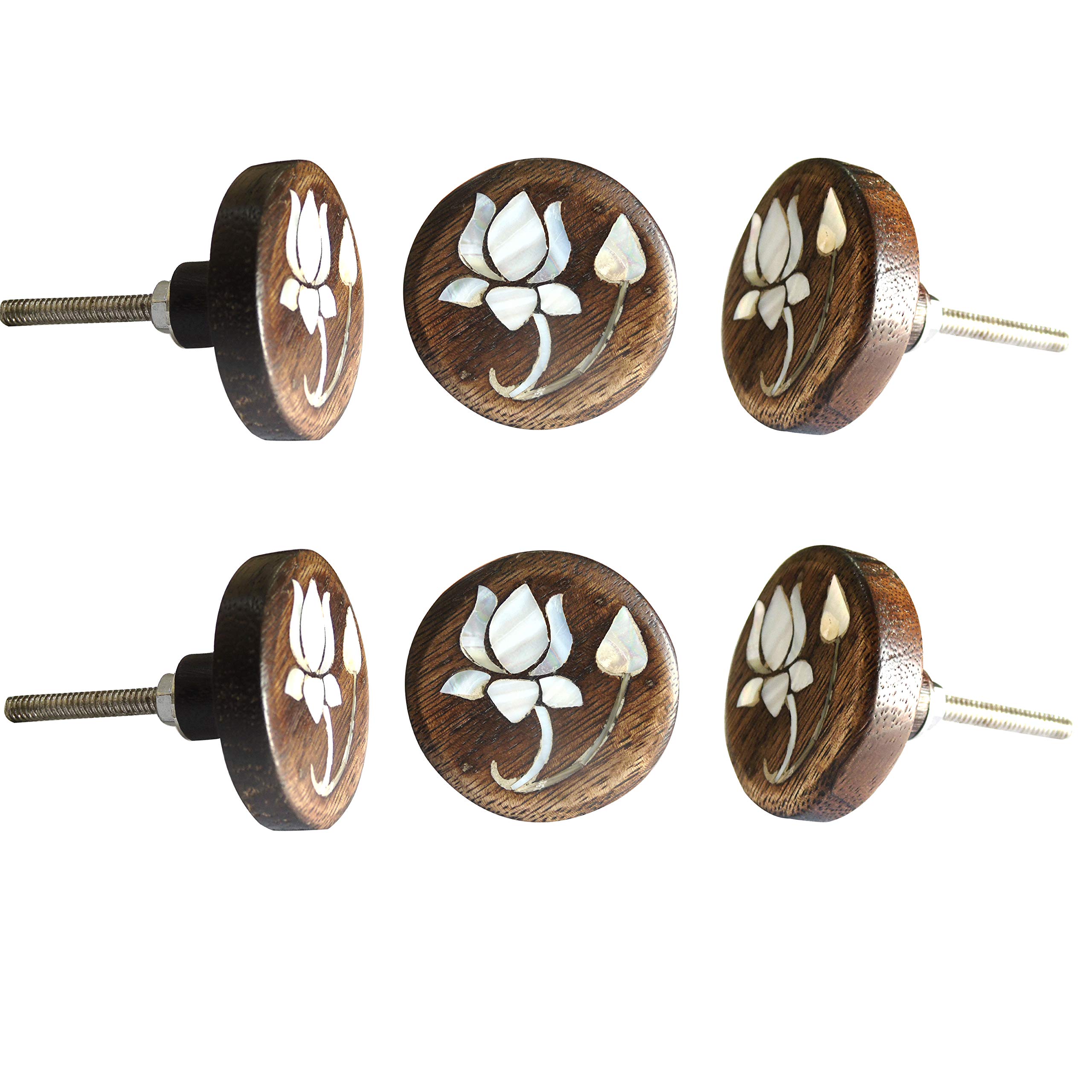 Perilla Home Set of 6 MOP Lotus Flower Wooden Knob Decorative Antique Vintage Pull for Drawer Cupboard Drawer Cabinet Dresser Bedroom Bathroom Kitchen Wardrobe Dresser
