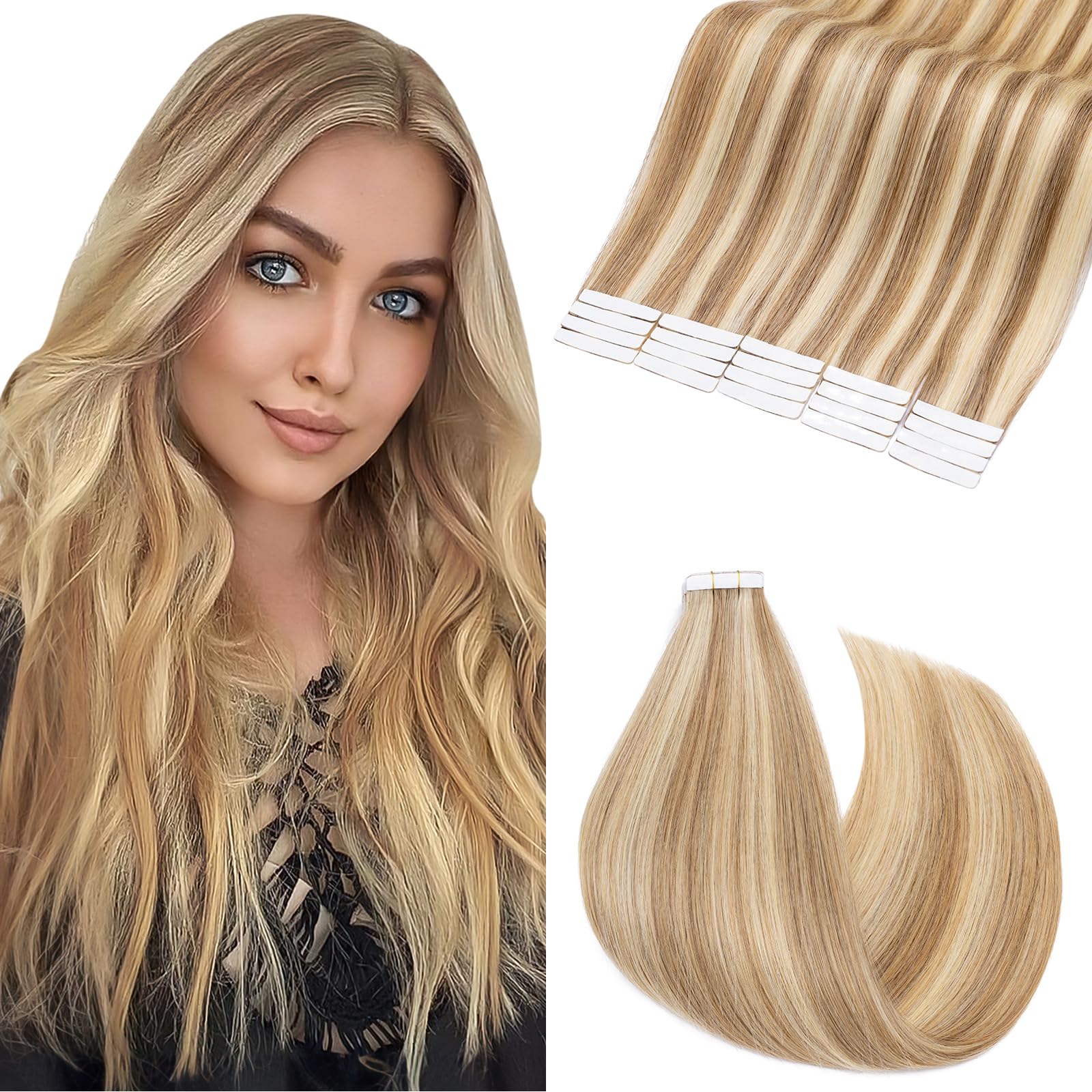 Elailite Tape in Hair Extensions Real Human Hair 20 Pcs - Invisible Skin Weft Real Remy Hair Extension Straight (#12/613 Golden Brown Mix Bleach Blonde, 24 Inch-50g) โ image 1