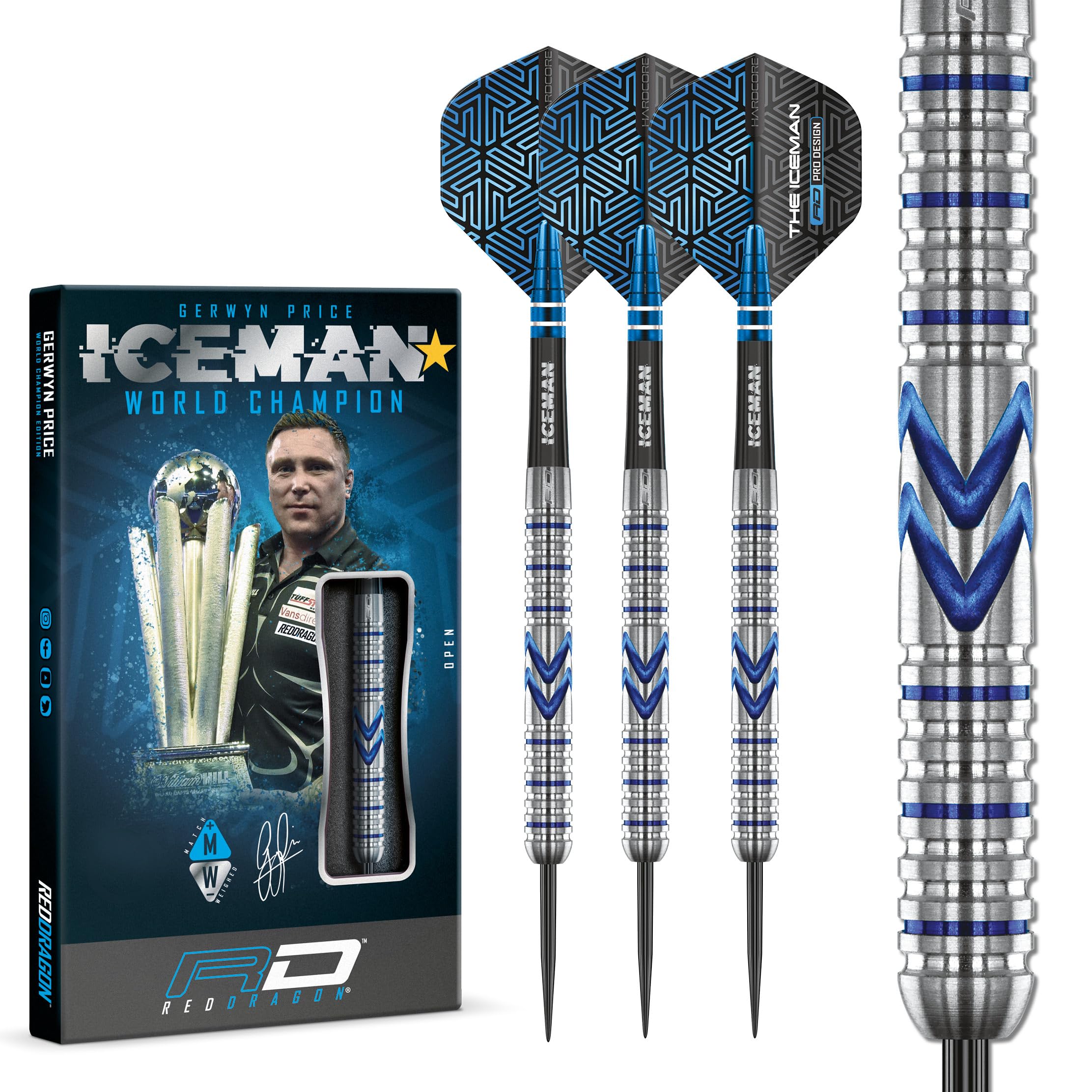 RED DRAGON Gerwyn Price Iceman Midnight Edition 23 Gram Premium Tungsten Steeltip Darts Set with Flights and Stems