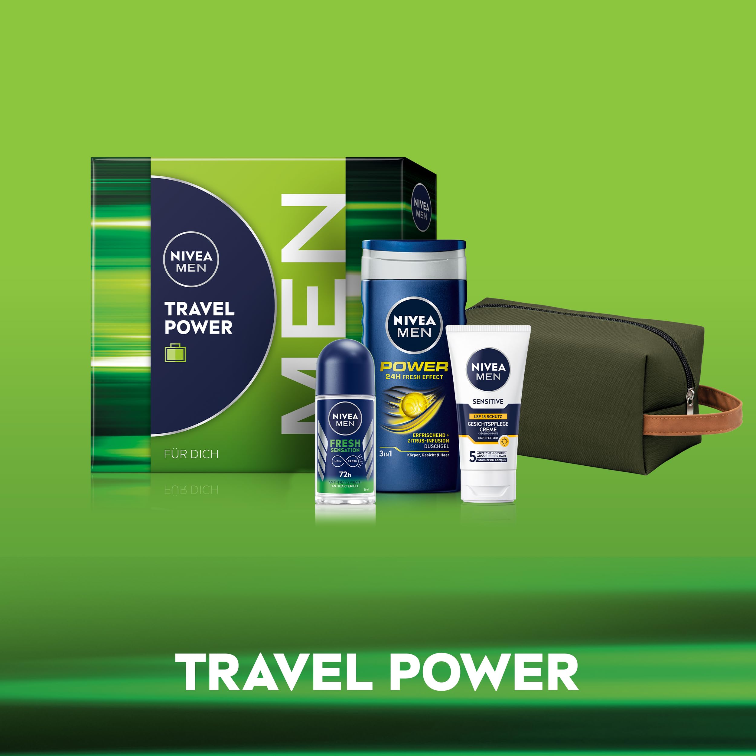 NIVEA MEN Travel Power Geschenkset, Pflegeset mit Pflegeprodukten für unterwegs, Set mit NIVEA MEN Duschgel, Deo Roll-on, Gesichtspflege Creme und Kulturtasche 5