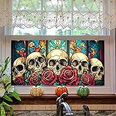 HOMETITUTE Skull Window Film 39.3x17.7 Inch Gothic Skull Window Sticker Halloween Skull Decoration Rose Windows Cling for Haunted House Day of The Dead Horror Windows Glass Cover