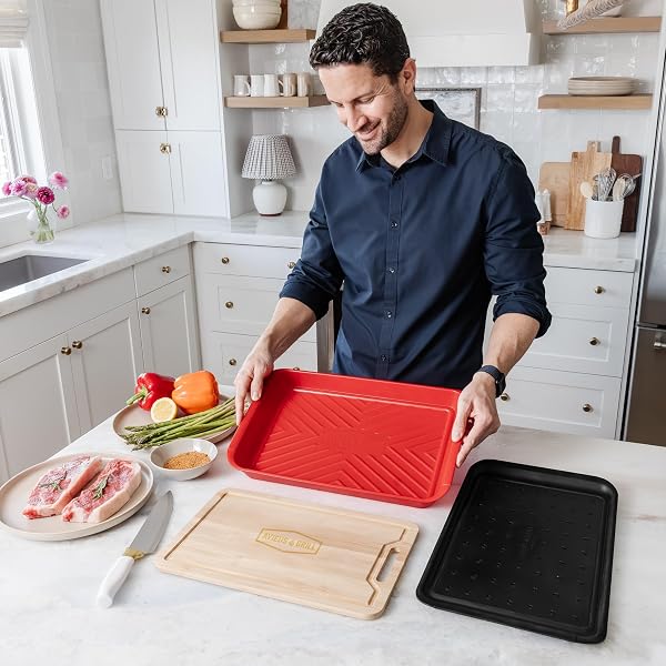 AVIEUS GRILL PREP AND SERVING TRAYS | SET OF 3 STACKABLE, MELAMINE TRAYS WITH BAMBOO CUTTING BOARD | TRAYS FOR MARINATING, SERVING & CHOPPING | SERVING PLATTER FOR PLATING FOOD & BBQ PREP TUB |