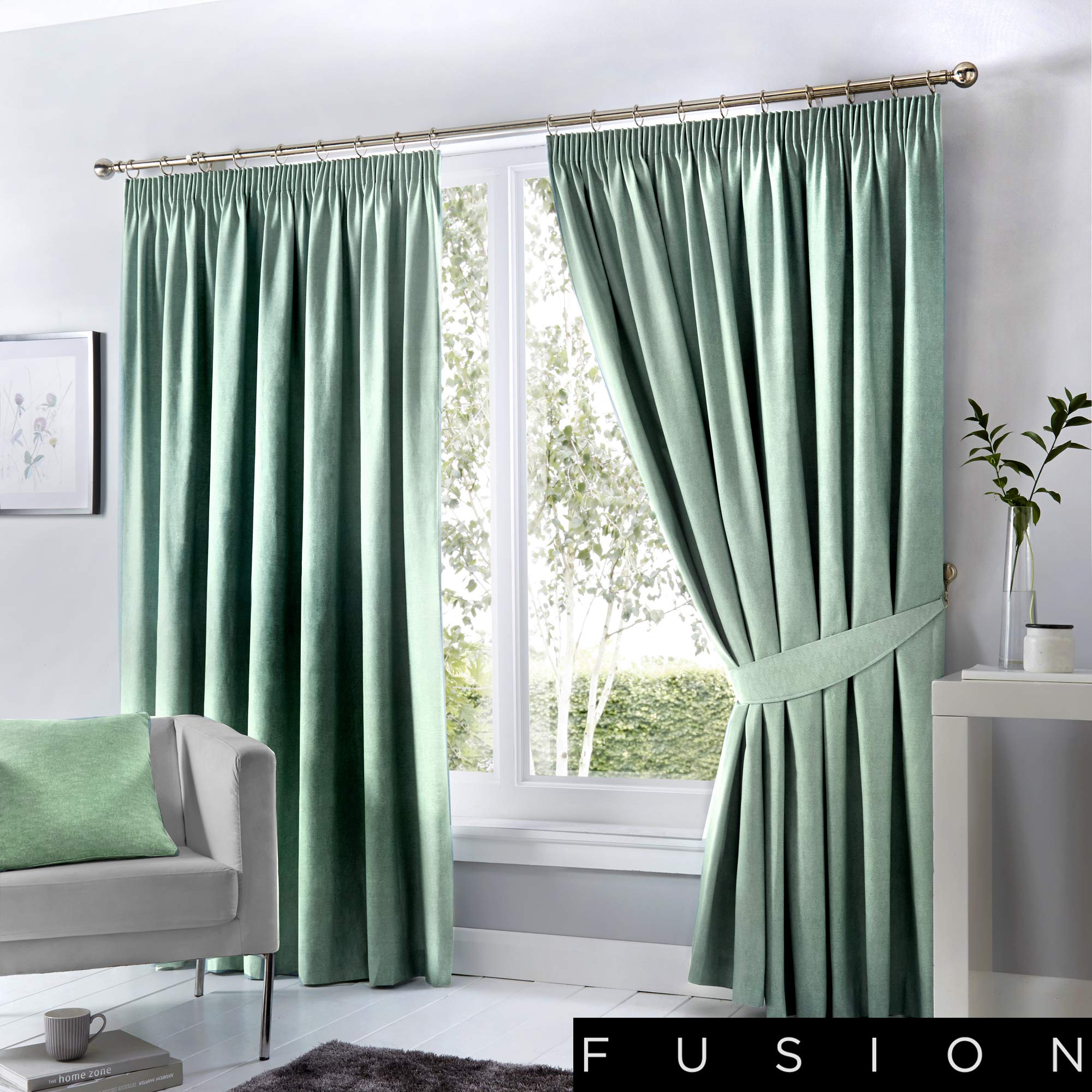 Fusion Dijon Blackout Pencil Pleat Lined Curtains, Duck Egg, 46 x 90 Inch