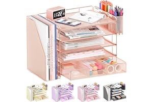 OPNICE Desk Organizer, 5-Tier Paper File Organizer with Drawer & Pen Holder, Office Desk Accessories, Workspace Desktop Organizer for Office Supplies(Rose Gold)