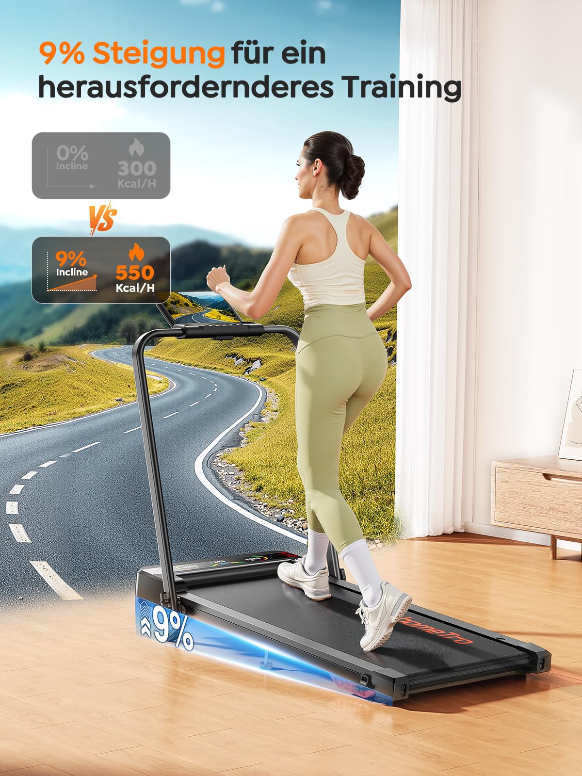 Klappbares Laufband mit Steigung für Zuhause & Büro – 9% manuelle Neigung, kein Aufbau nötig, All-in-1 Walking Pad für klappbar, 1–12 km/h, LED-Doppelanzeige, Walkingpad mit App & Fernbedienung 2
