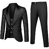 UNINUKOO Mens Floral Suits 3 Piece Tuxedo Suit Slim Fit Jacquard Tux Suit Set Shawl Lapel for Wedding Prom Suit