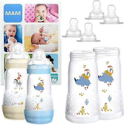 Mam Essential Bottle Set Cadeau Bebe Avec 2 Biberons Easy Start Anti Colique 260ml 2 Corps De Biberon 3ml Kit Bebe Des 2 Mois Avec 2x2 Tetines Taille 3 X Garcon