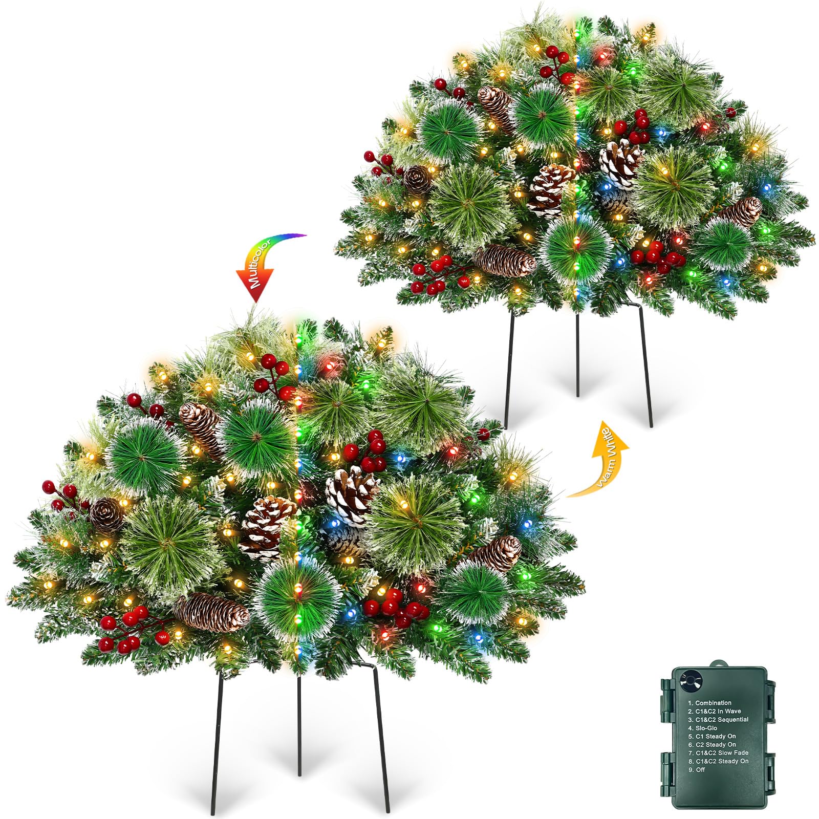 Photo 1 of [Timer Dual Color Change] 2 Pack Prelit Outdoor Christmas Tree Urn Fillers Artificial Snowy Pinecone Red Berries Warm & Colorful Lights 8 Mode Battery Operated Porch Decor Holiday Planter Decorations