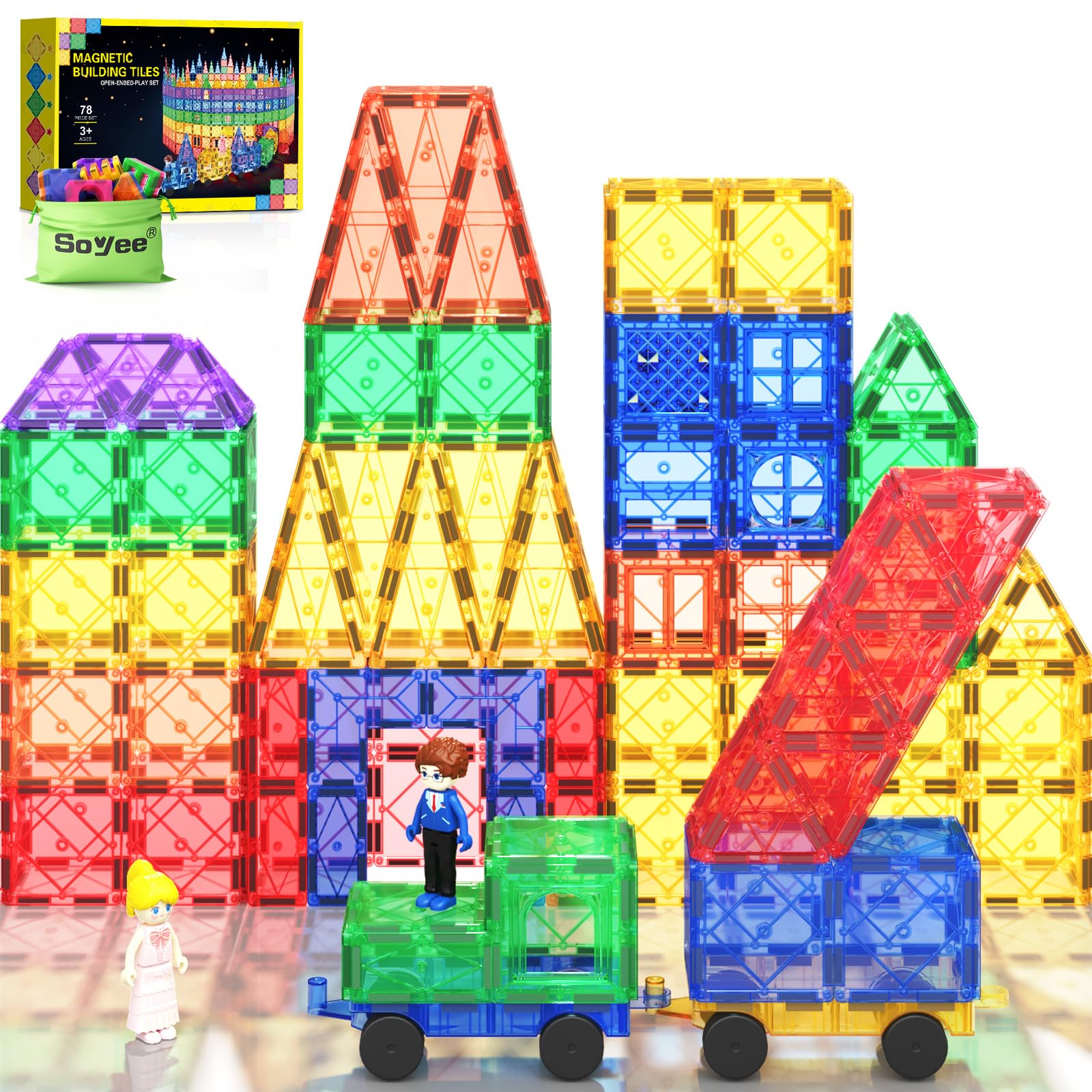 Soyee Magnetic Tiles with 2 Cars Kids Gifts Boys Toys for 3 Year Old Boys Educational Toys for Toddlers Kids Age 3-5 4-8 Car Train Building Toys