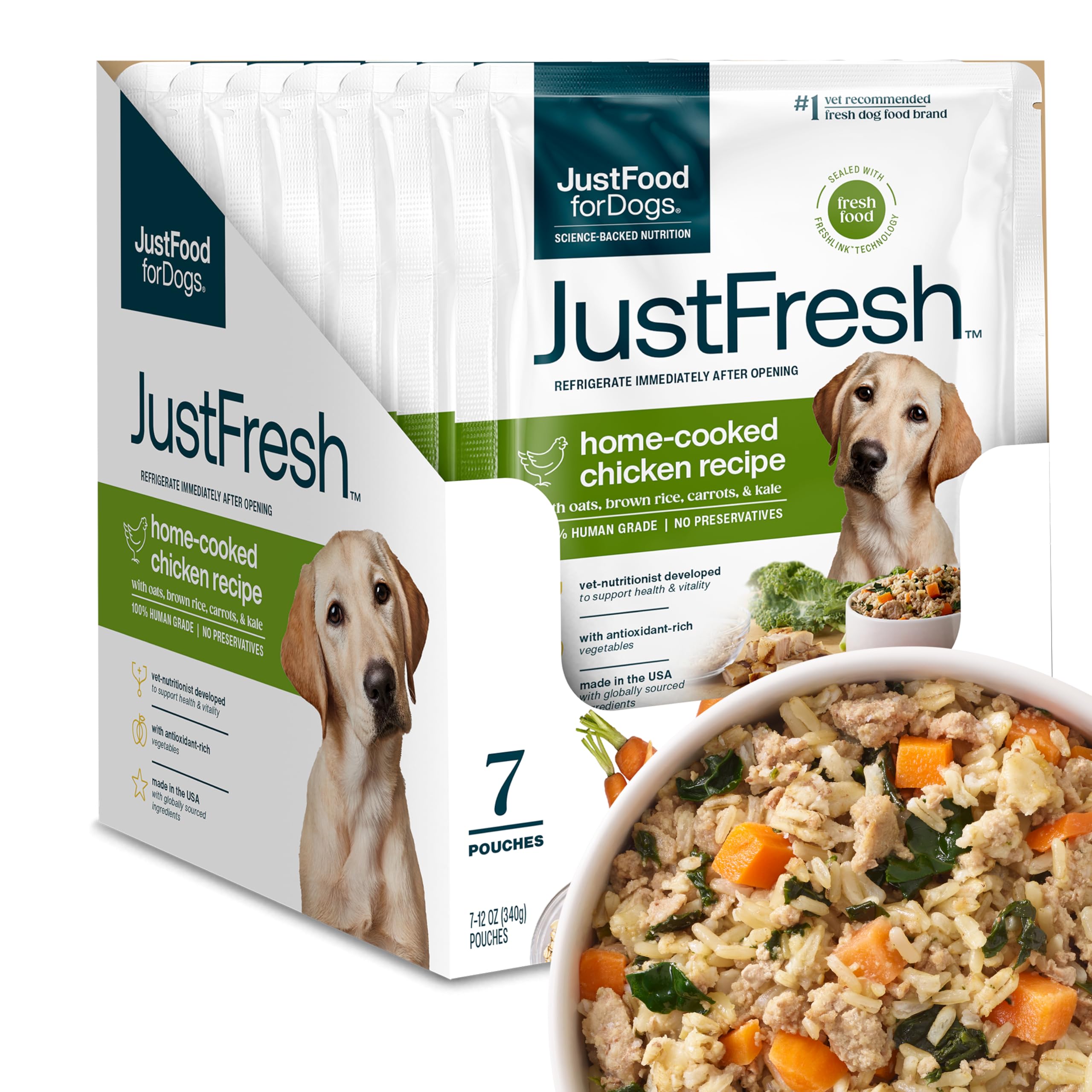 JustFoodForDogs JustFresh Home-Cooked Chicken Dog Food with No Preservatives, Resealable Packaging, Human Grade Wet Dog Food, 12 oz – 7 Pack