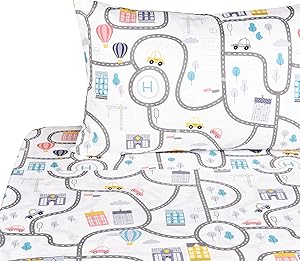 J-pinno Cars Road House Cute Twin Sheet Set for Kids Boys Girls Children,100% Cotton, Flat Sheet + Fitted Sheet + Pillowcase Bedding Set