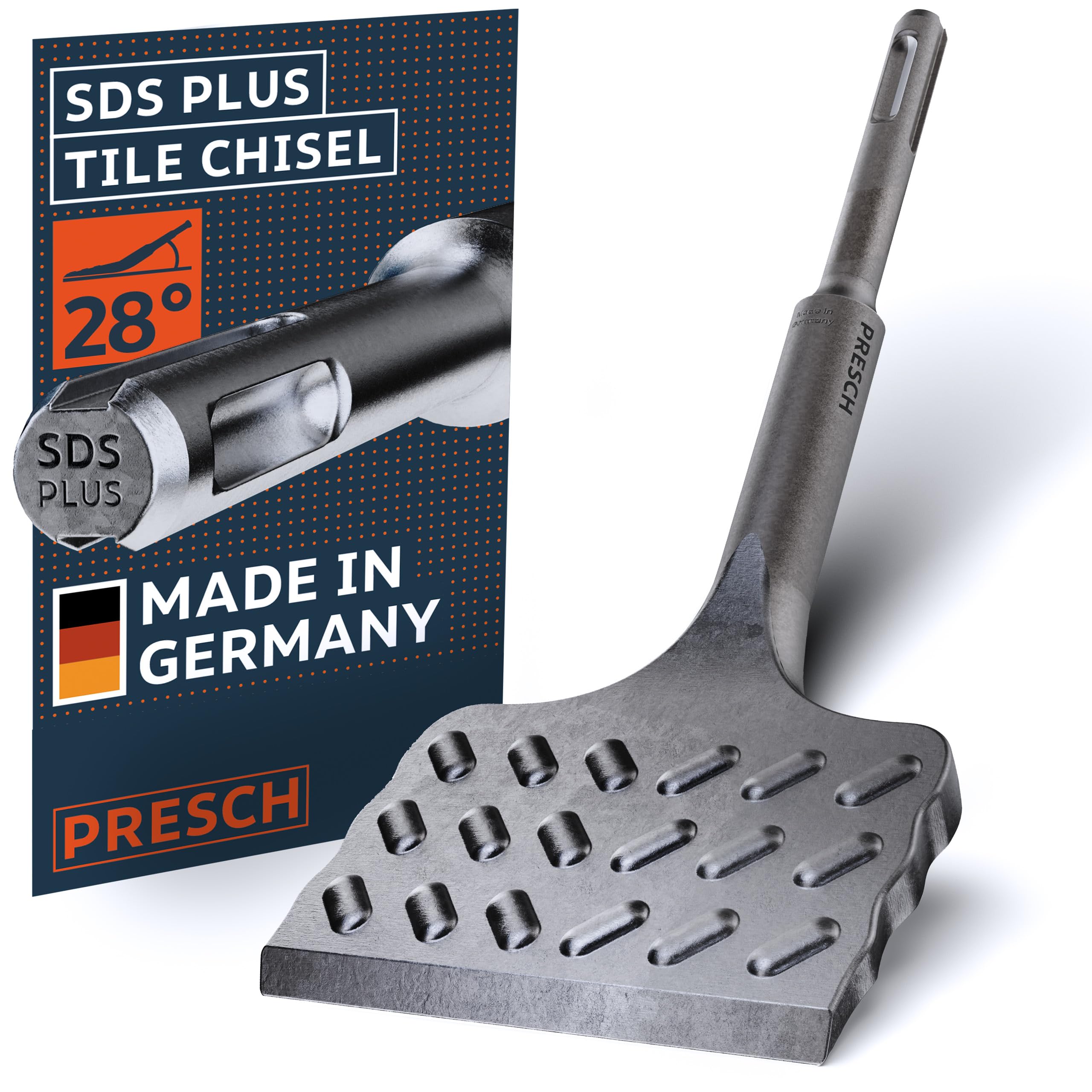 Presch SDS -Plus Tile Chisel - Extra Wide (75mm) - Extremely Durable Edge - Angled for Easy Tile Removal (165mm Long) - Chisel Made of high-Performance Steel for Powerful Strikes