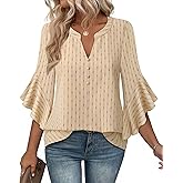 Bebonnie Womens Tops Dressy Casual Ruffle 3/4 Sleeve Henley V Neck Chiffon Blouses with Buttons