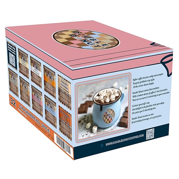 DOUBLE DONUT COFFEE GINGERBREAD SPICE HOT CHOCOLATE MIX PACKETS, FLAVORED GINGERBREAD HOT COCOA MIX, 32 COUNT