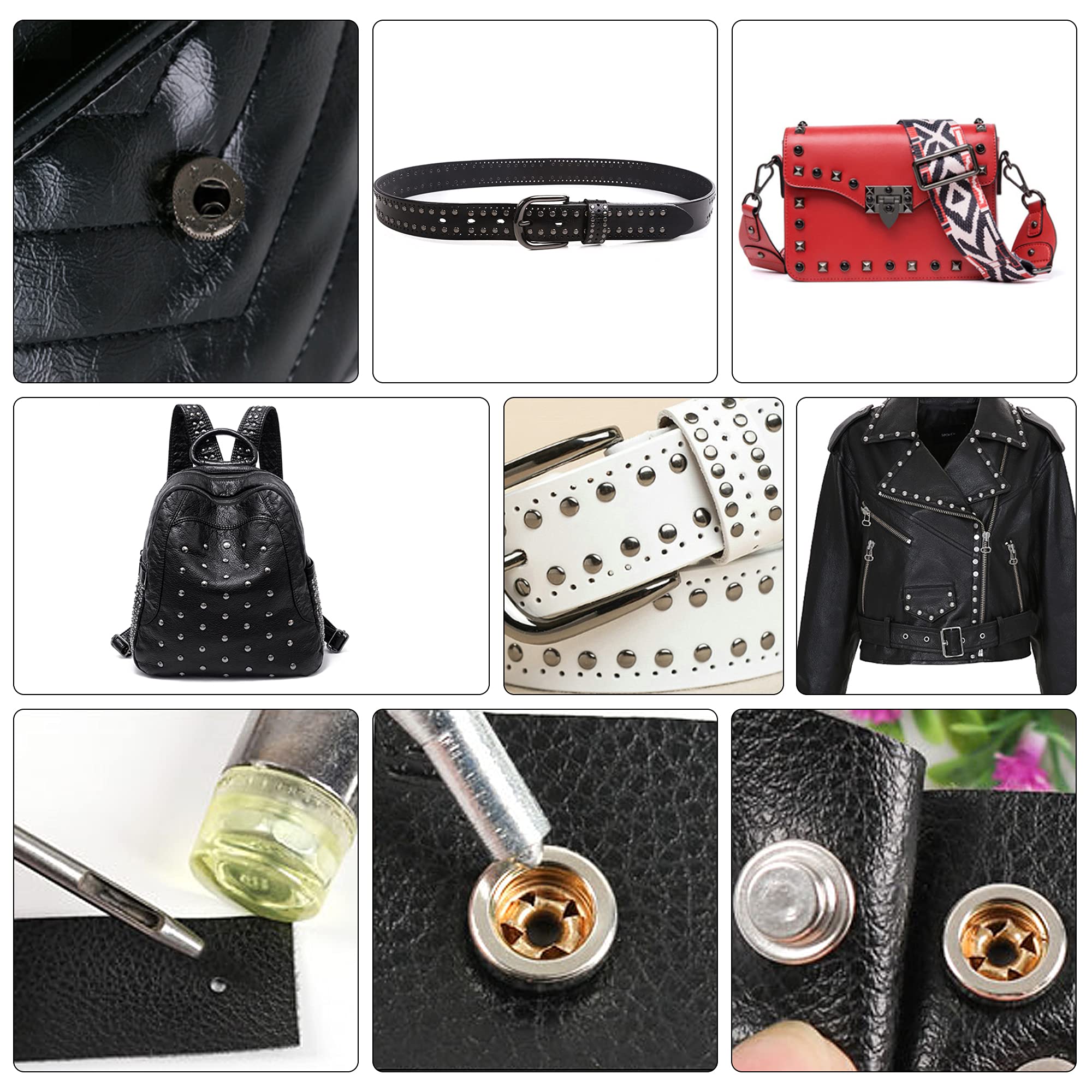 14Pcs Rivet Setter, Leather Die Punch Snap kit, Stainless Steel Rivet Setting Tool for Bag Making DIY Leather Crafts with Non Slip Base