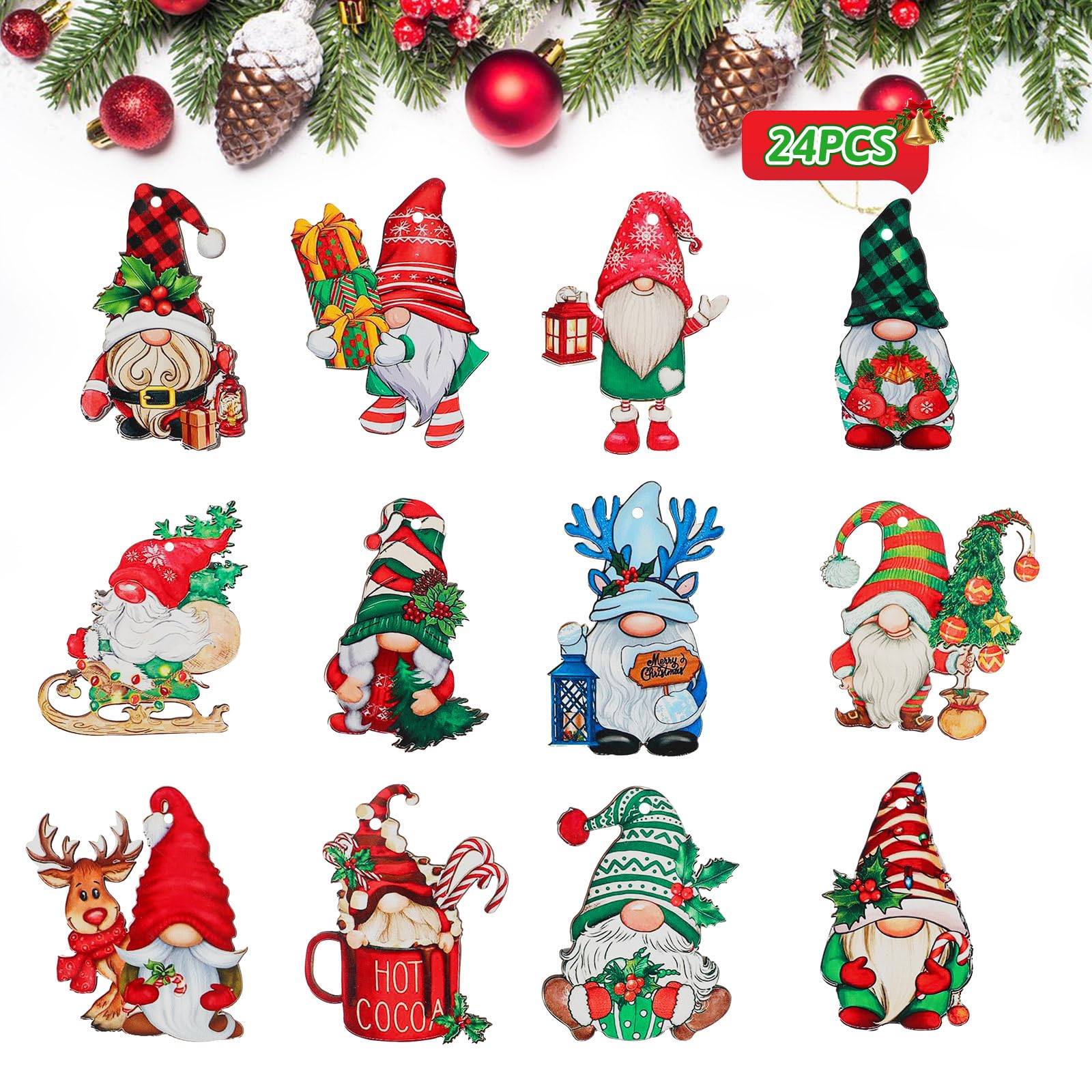 Photo 1 of Vanchief 24 PCS Gnome Christmas Decorations - Christmas Tree Ornaments - Wooden Hanging Gnome Ornaments for Christmas Tree - Christmas Tree Decor Indoor Home Holiday Party