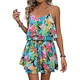 Floerns Women's Summer Boho Sleeveless Spaghetti Strap Ruffle Jumpsuit V Neck Cami Short Rompers