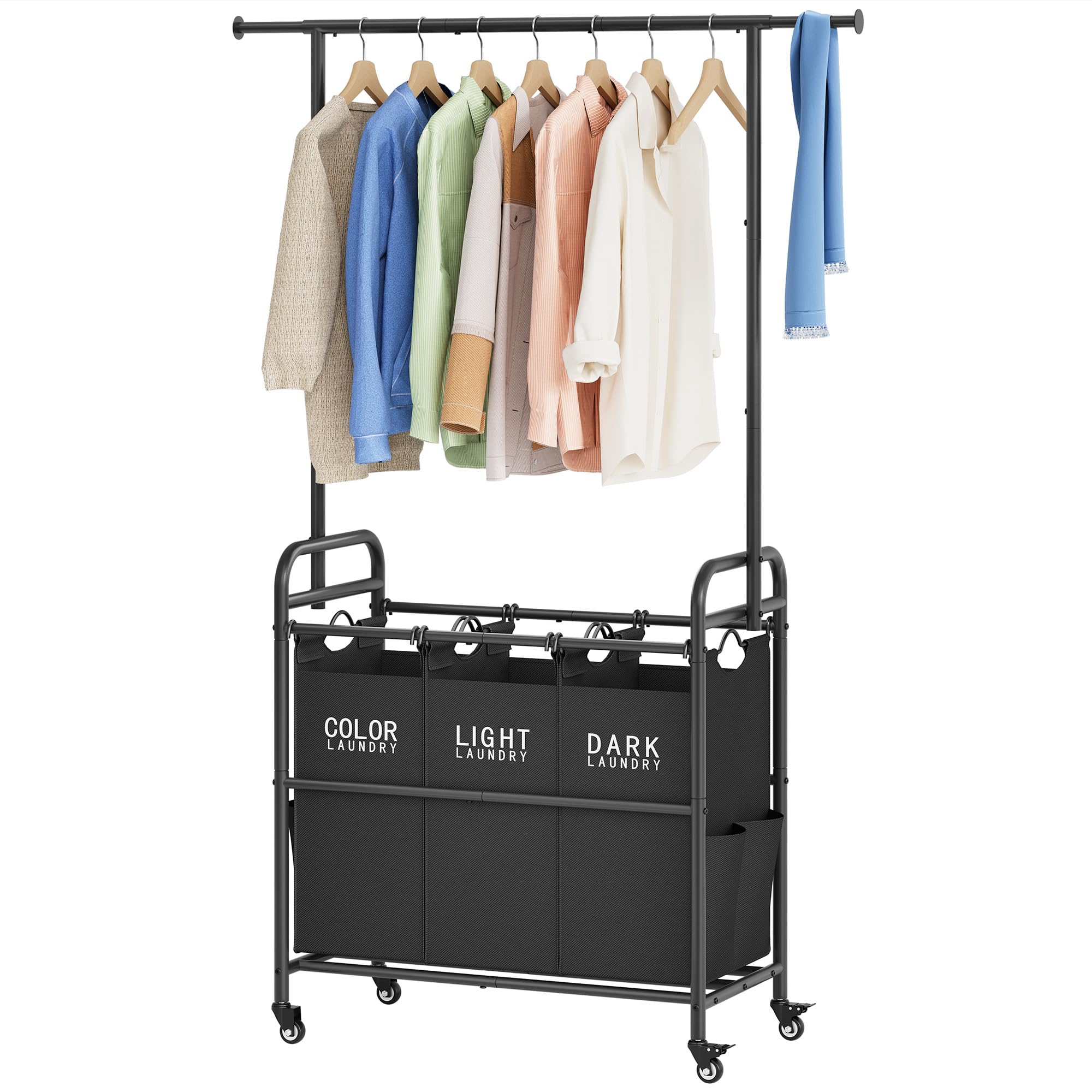Photo 1 of ***PARTS ONLY*****Tajsoon Laundry Sorter Cart with Hanging Rack, Laundry Sorter 3 Section, Laundry Hamper with Heavy Duty Rolling Lockable Wheels, Black