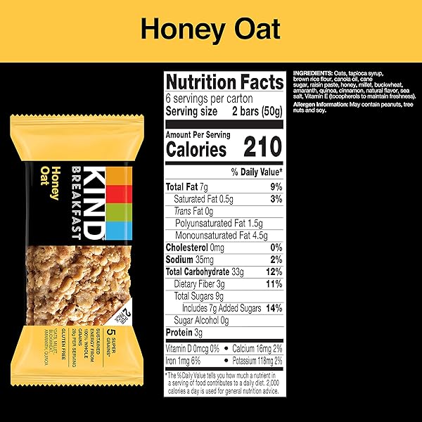 KIND BREAKFAST BARS, HONEY OAT, HEALTHY SNACKS, GLUTEN FREE, 100% WHOLE GRAINS, 3G PROTEIN, 6 COUNT
