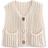 Women's Chunky Knit Vest Button Down Casual Sleeveless Cropped Crochet Sweater Cardigan with Pockets