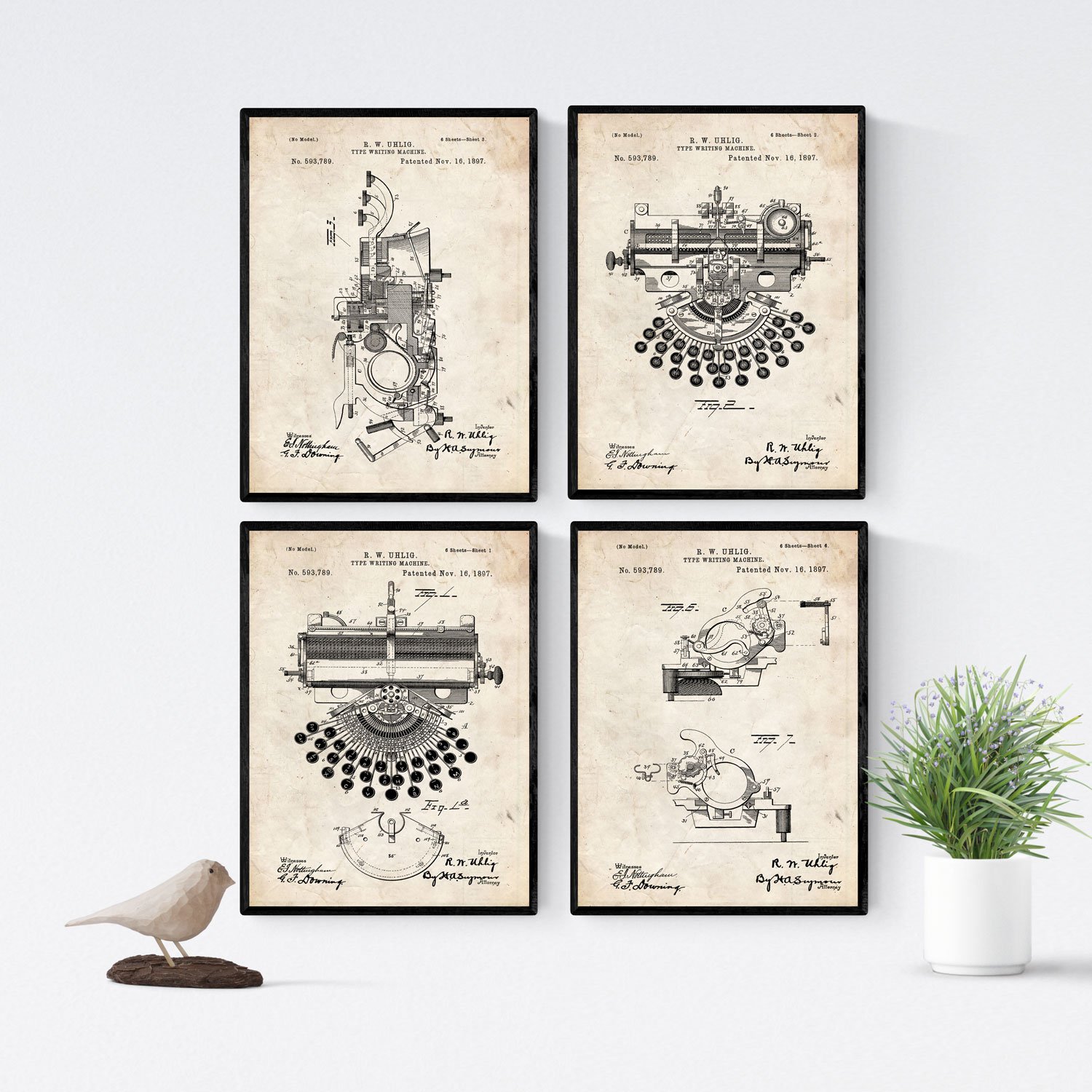 Nacnic VINTAGE - Pack of 4 sheets with PATENTS Typewriters. Set posters with inventions and old patents. Choose the color you like. Printed on 250 grams
