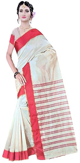 Women's Handloom Garad Lal Par Pattern Saree (Red and White)