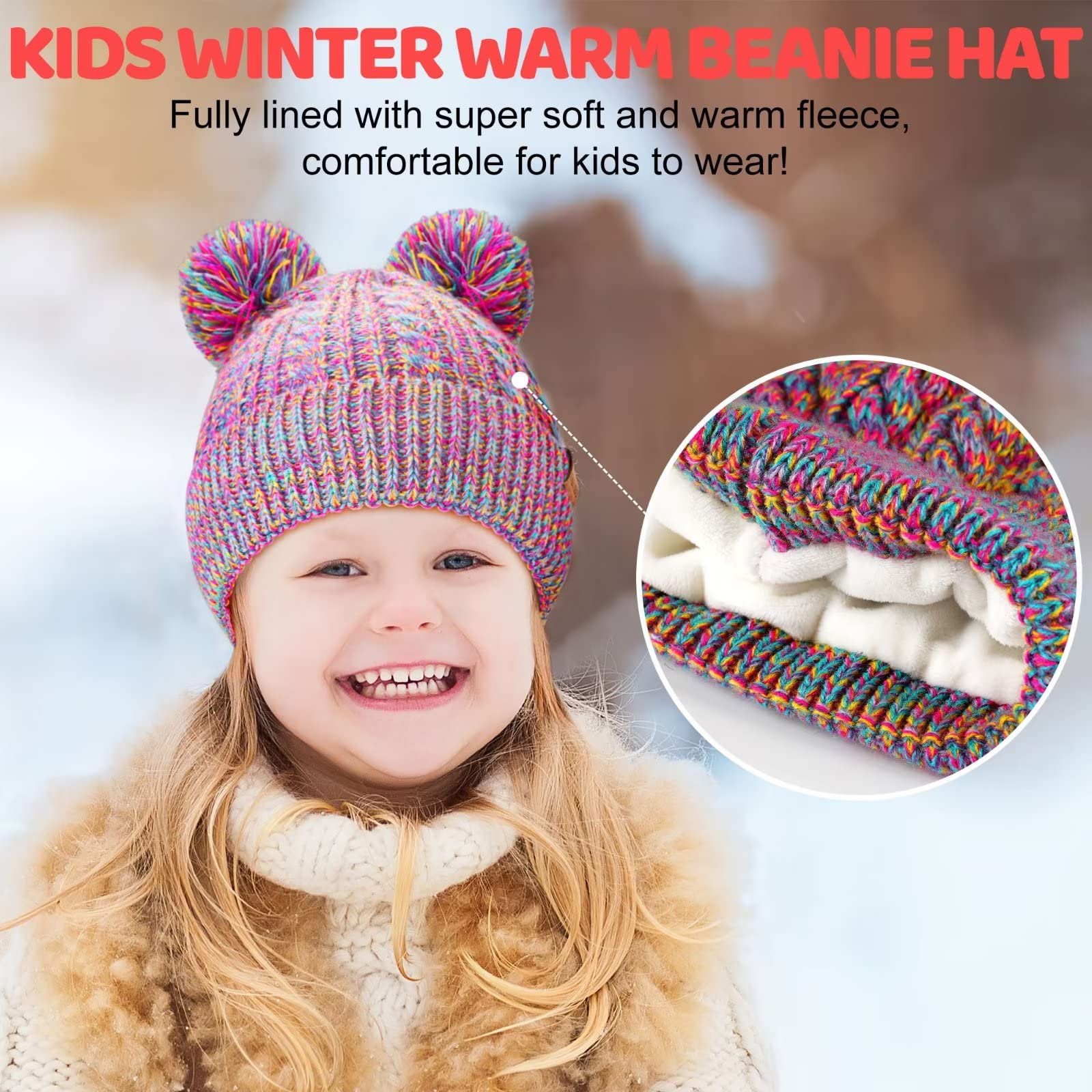 HAITHO Winter Hat for Kids Toddler Children, Girls Beanie with Double Pom Pom Warm Fleece Lined, Girls Accessories Knit Cap