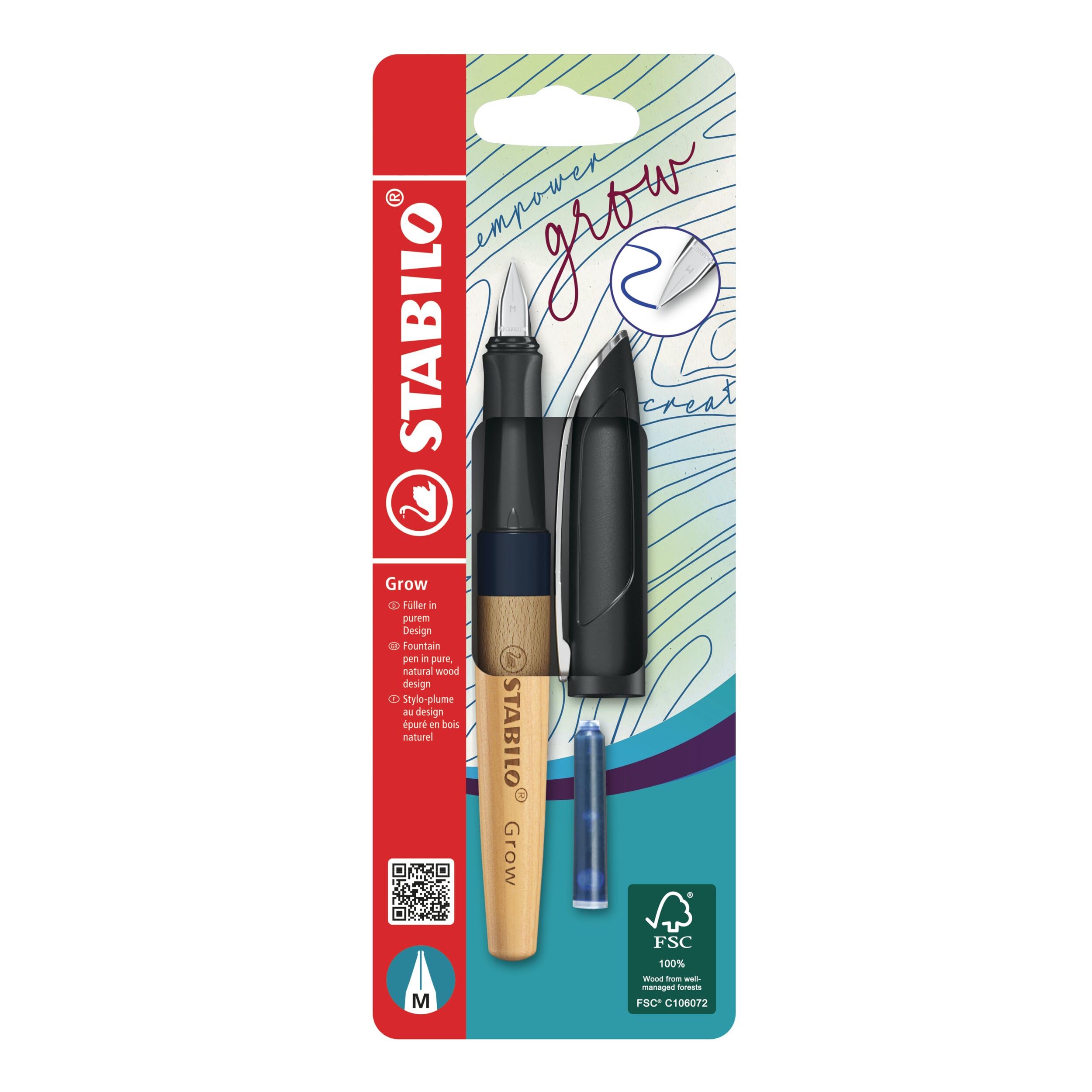 STABILO Grow - Climate-Neutral Fountain Pen - Pack of 1 - Blueberry Blue/Beech Wood including Blue Ink Cartridge