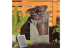 Tankana Outdoor Water Fountain Garden - Solar Waterfall Fountains Indoor Water Feature 3 Tier Bowls with Lights & Pump for Patio Yard Porch Deck Pool Home Decor, 28 inches Tall