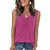 OFEEFAN Tank Top for Women Loose Fit Sleeveless Shirts V Neck Summer Clothes Ruched Women's Tees and Tanks Curved Hem