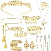 MONAZEO 14Pcs Greek Goddess Costume Accessories Set for Women Golden Laurel Leaf Crown Headband Armband Coil Bracelet Pearl Leaf Dangle Necklace Hair Pin Ring Waist Belt Wedding Toga Party Jewelry