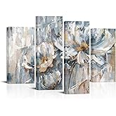 KLVOS 4 Panel Blossom Flowers Canvas Art Wall Pictures Abstract Floral Prints Artwork Blue Gold Painting Print on Canvas Home Living Room Bedroom Wall Decor Ready to Hang